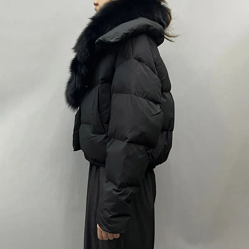 Jancoco New Style Cropped Goose Down Coat Women Real Fox Fur Collar Puffer Jacket