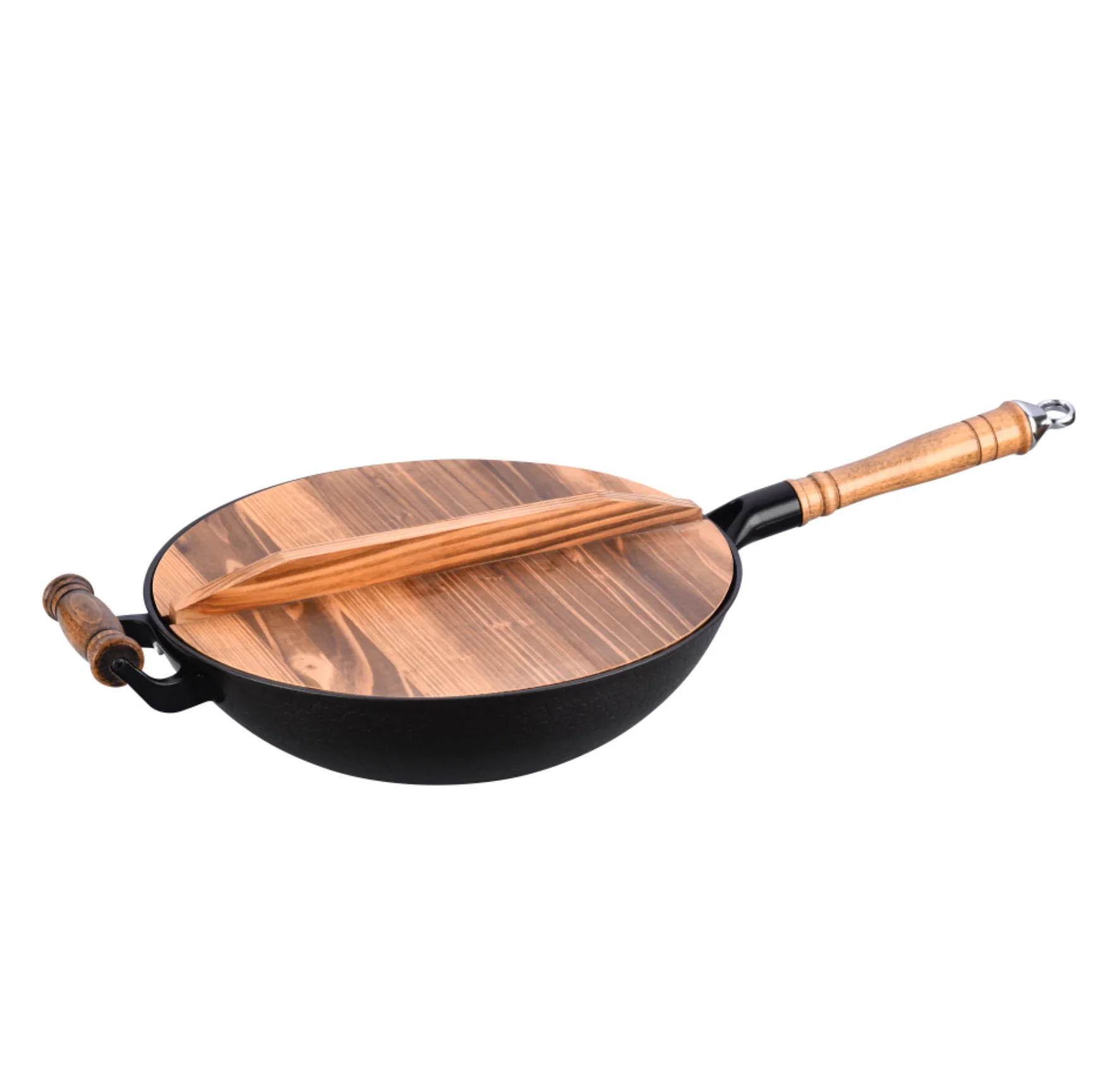 Cast Iron Wok Pan Wooden Handle Chinese Wok with Lid