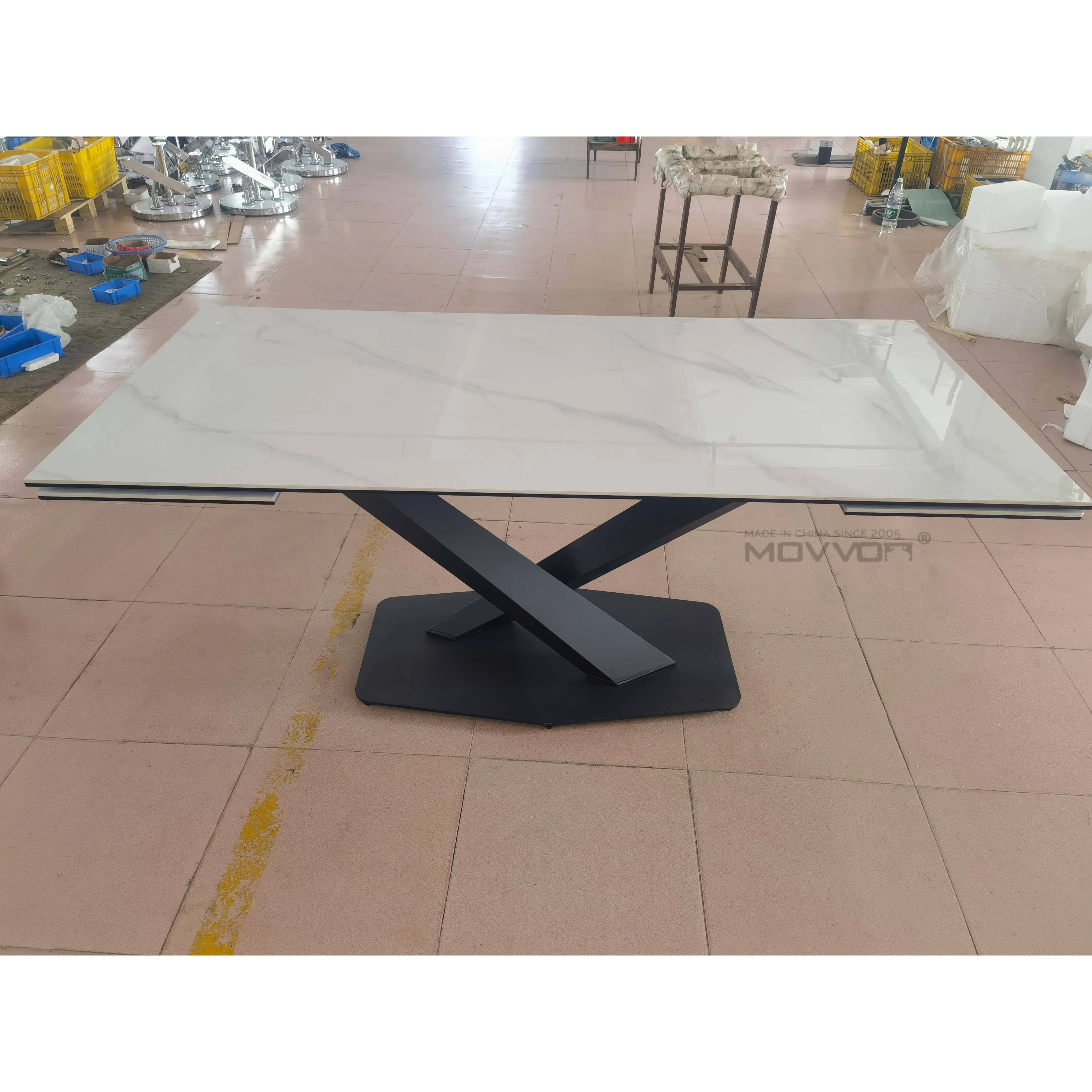 Popular Italian Minimalism Ceramic top Modern Home furniture luxury metal legs extendable dining table set