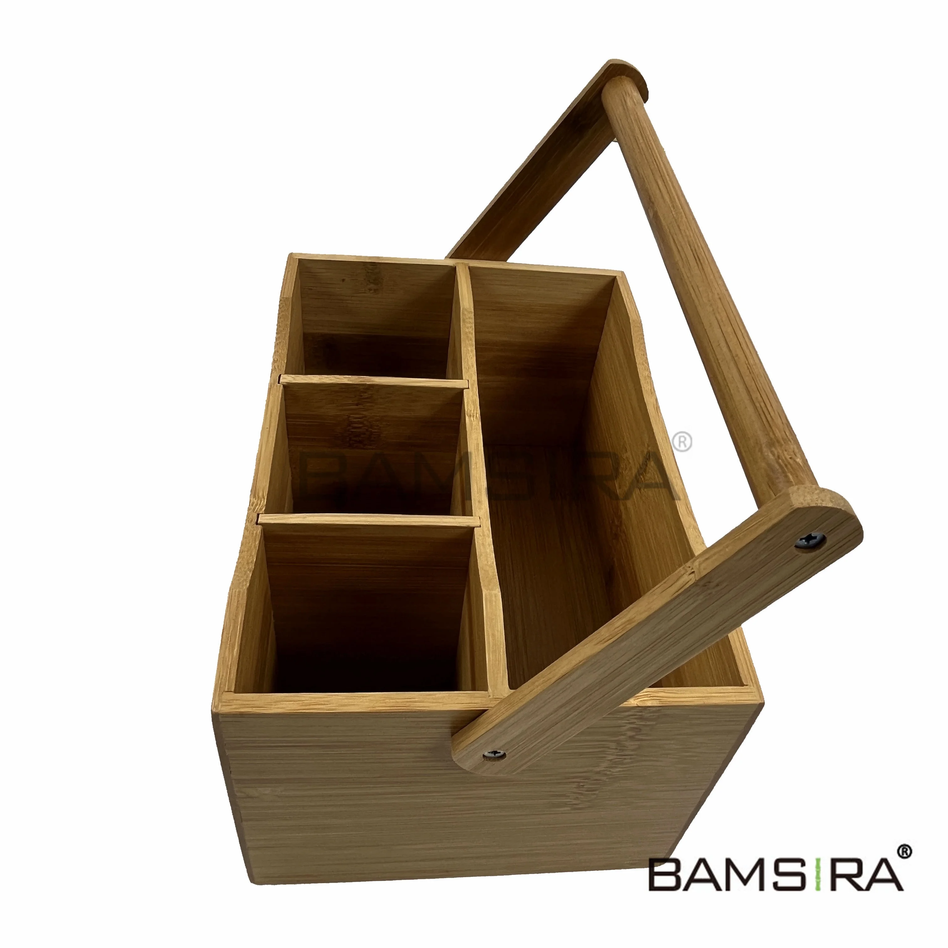 Bamboo Flatware Utensil Caddy With Napkin Holder And Handle Wood Picnic Basket For Kitchen