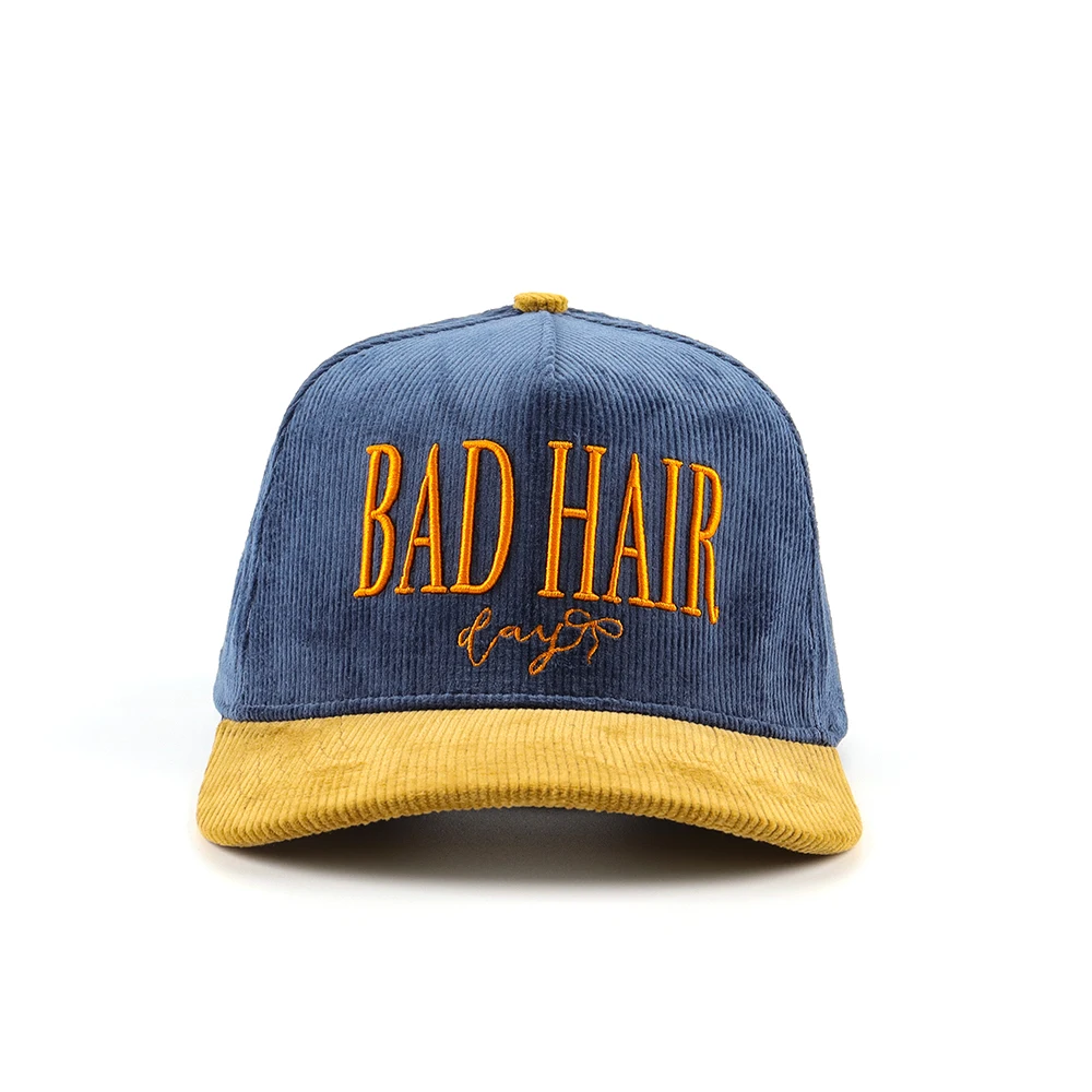 5 Panel Corduroy Baseball Cap Custom Gold 3d puff embroidery logo Adjustable Strap Two Tone Gorras Corduroy Dad Hat
