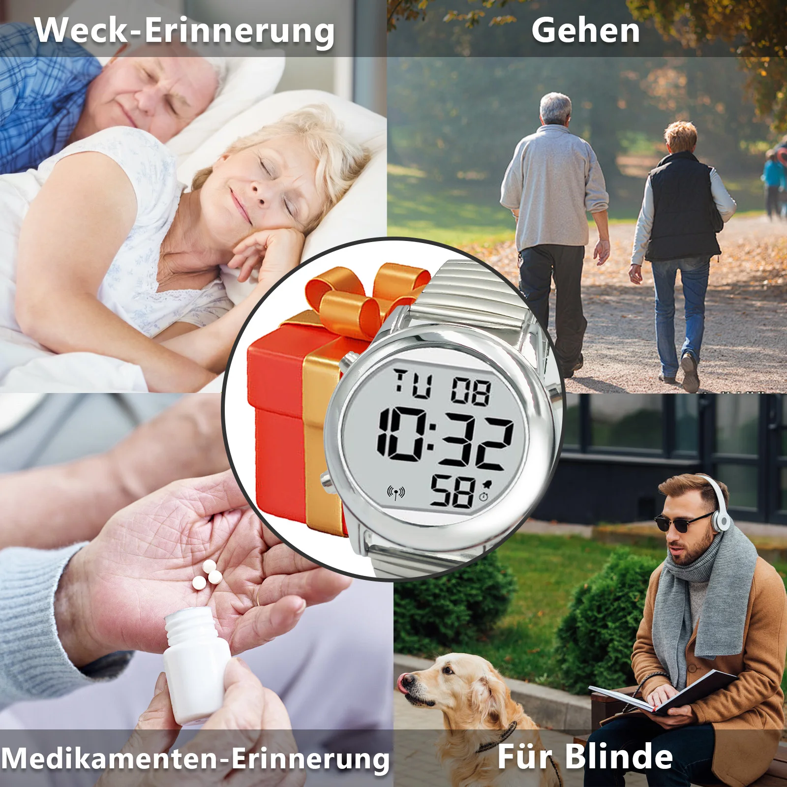 Us UK De Fr Japan Atomic Talking Watch LCD Big Number Talking Watch for The Blind or Elderly