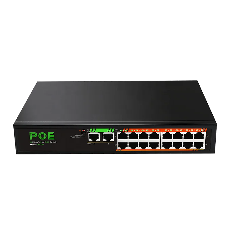 16 Port POE Network Switch 16 Port 100M POE+2 Port 1000M Uplink 52V 190W 3.85A VLAN 250m Distance for POE Camera/NVR/Router