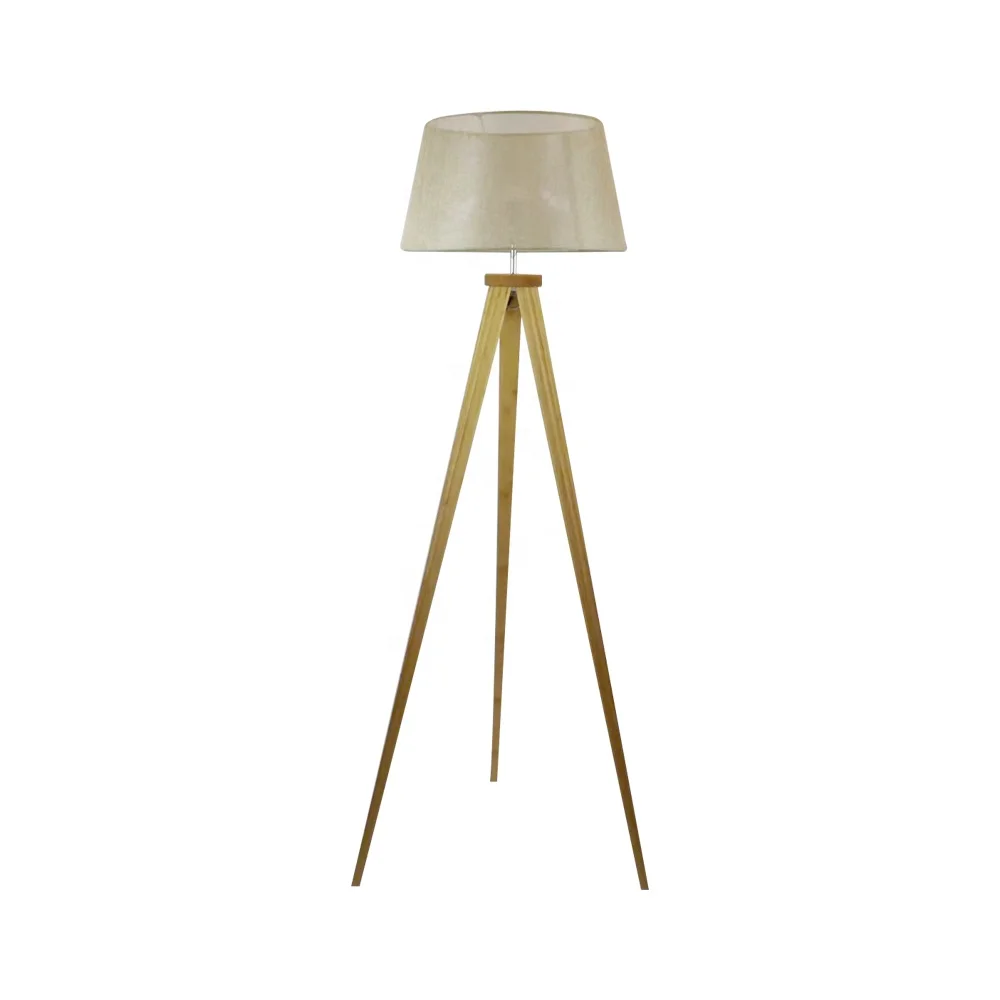 Indoor Decorative Tripod Floor Lamp with Bamboo Frame and Beige Linen Shade Max.40W