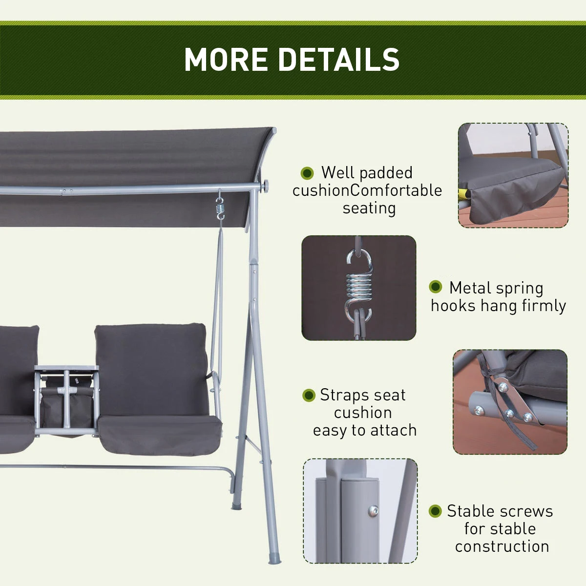 AJUNION Double Seat Garden Furniture Swing Rocking Chair Metal Stand Patio Swings with Adjustable Canopy
