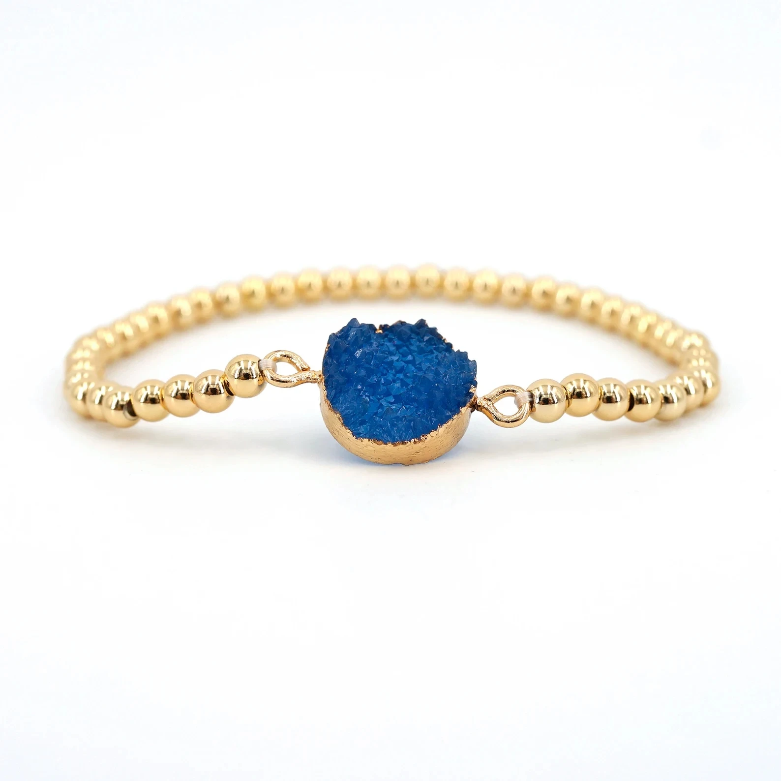 Custom Minimalist Stretch Jewelry For Women Healing Quartz Crystal Natural Druzy 18K Gold Filled Stainless Steel Beaded Bracelet