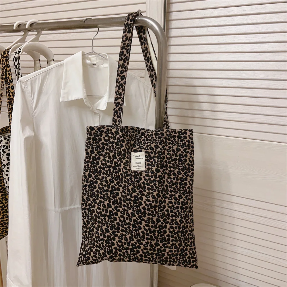 Vintage trend large capacity leopard print twill velvet shoulder canvas bag for girls shopping bag