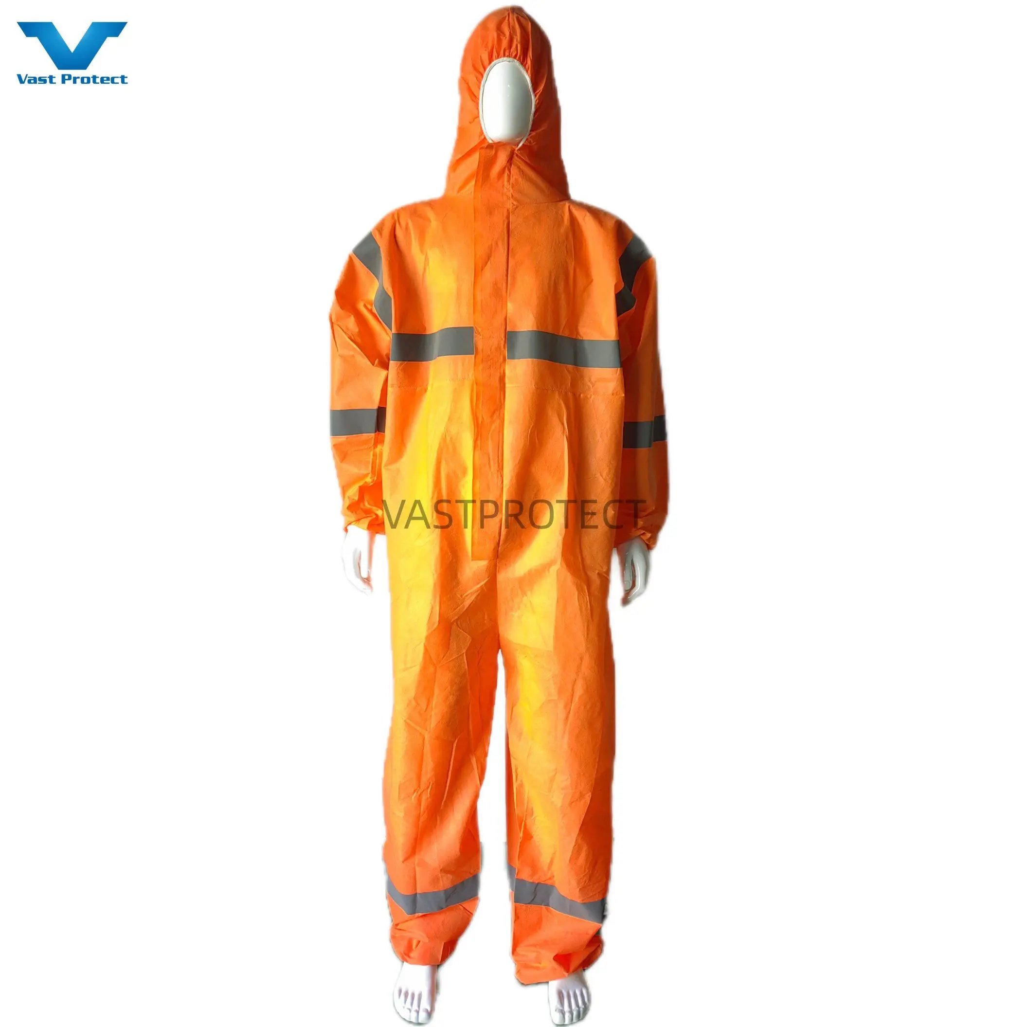Type5&6 Orange Disposable SMS 56GSM Tyvek Coverall with Reflective Tape