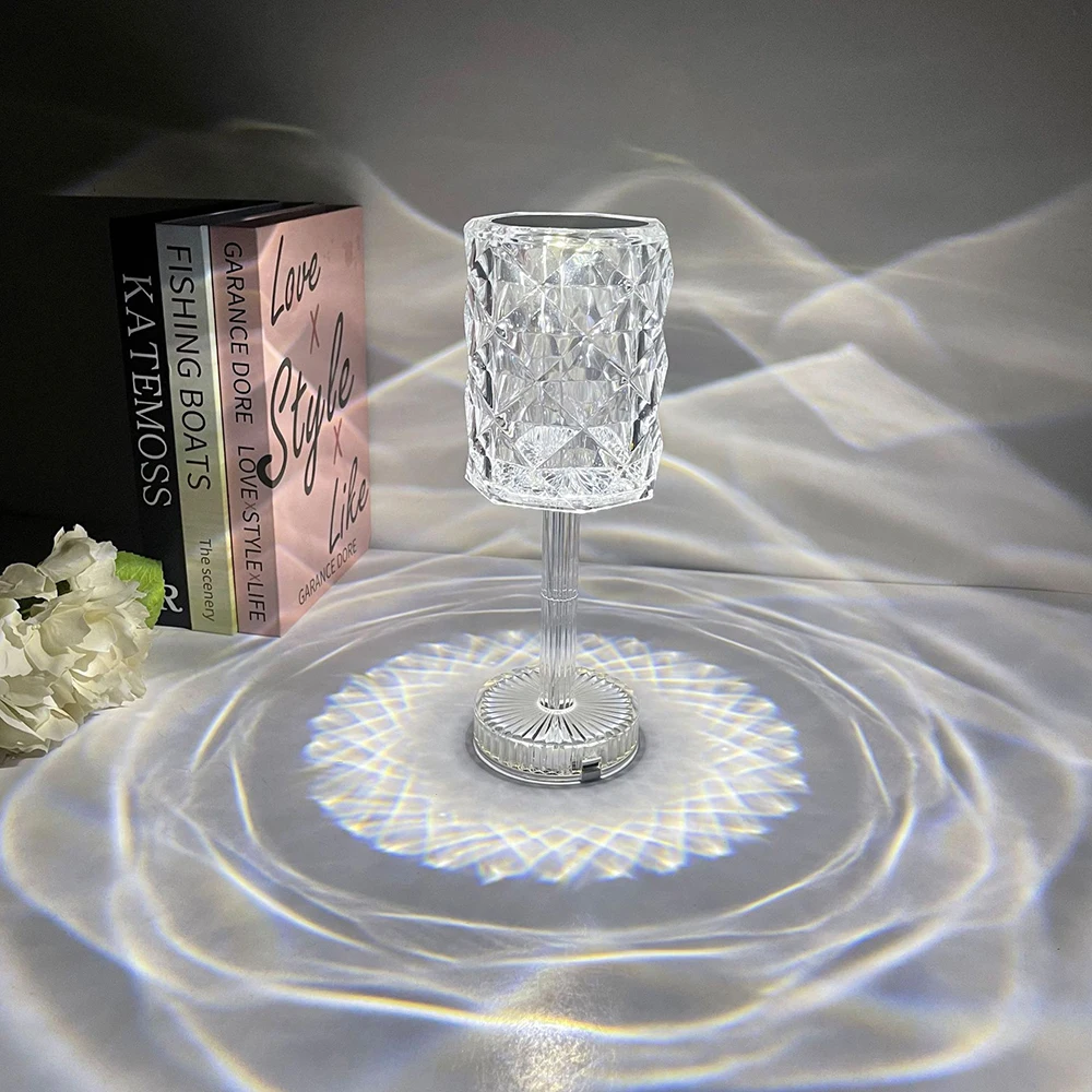 European Style Natural Led Crystal Desk Light Diamond Rose Table Lamps For Bedroom Touch Control Stepless Dimming And 3 Cct