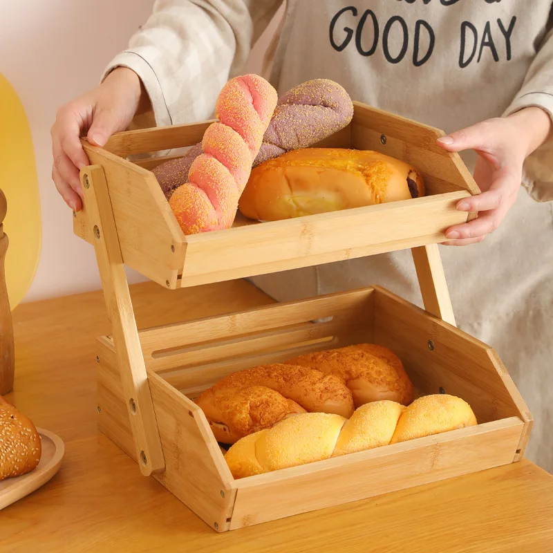 Bamboo 2 Tier Fruit Vegetable Basket Double Layer Desktop Snacks Sundry Storage Rack Storage Basket Shelf