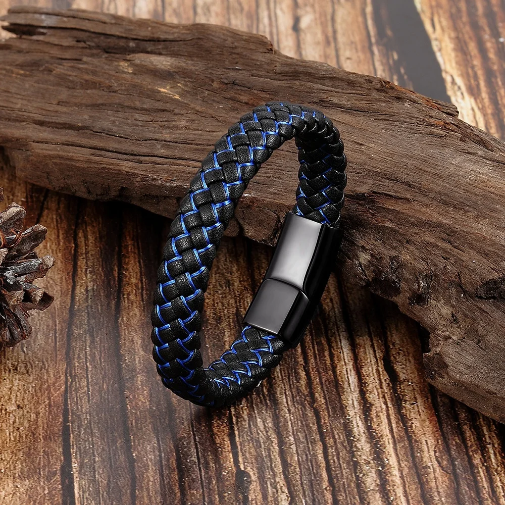 Trendy Men  2 tone  Genuine Leather magnet close stainless steel charm cool boys bangles and bracelets