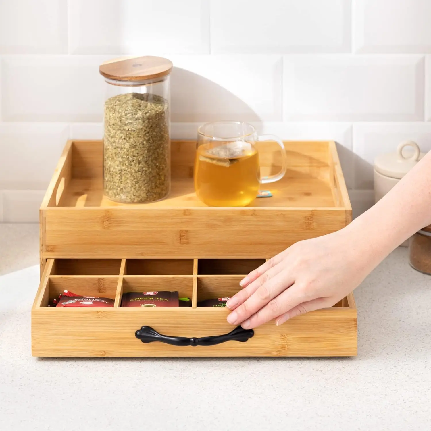Bamboo Tea Box and Serving Tray with Storage for Tea Bags Organizer Drawer 12 Compartment Tea Storage with Carry Tray