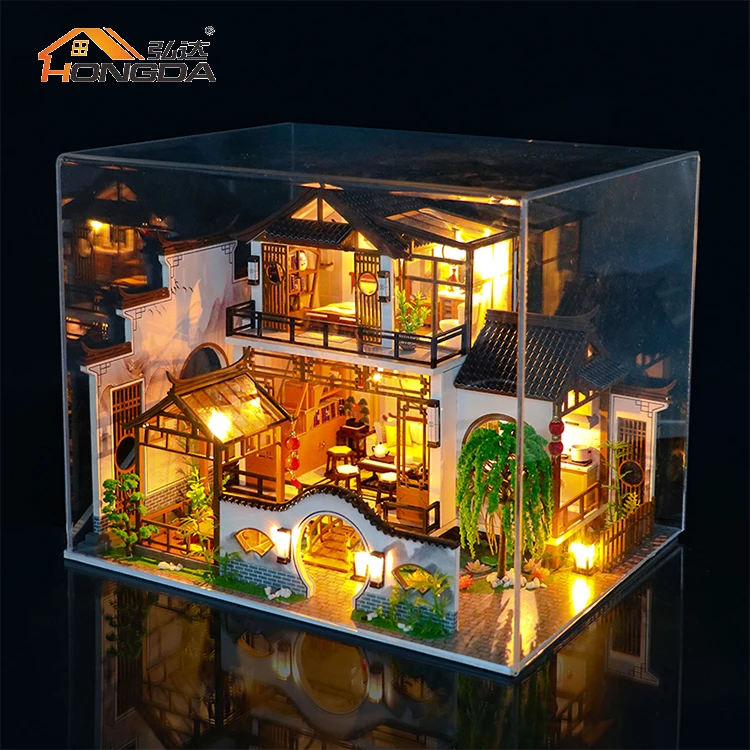 Hongda 2023 new chinese design Wooden doll house diy miniature dollhouse with light for girls