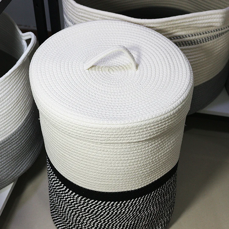 Amizon hot best sale tall wholesale white and grey pattern  weave household cotton rope storage basket with cover lid