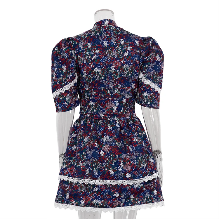 Casual Dresses Ladies Halter Buttoned Layered Lace Stitching Half Sleeve High Waist Corset Floral Printed Women Mini Short Dress
