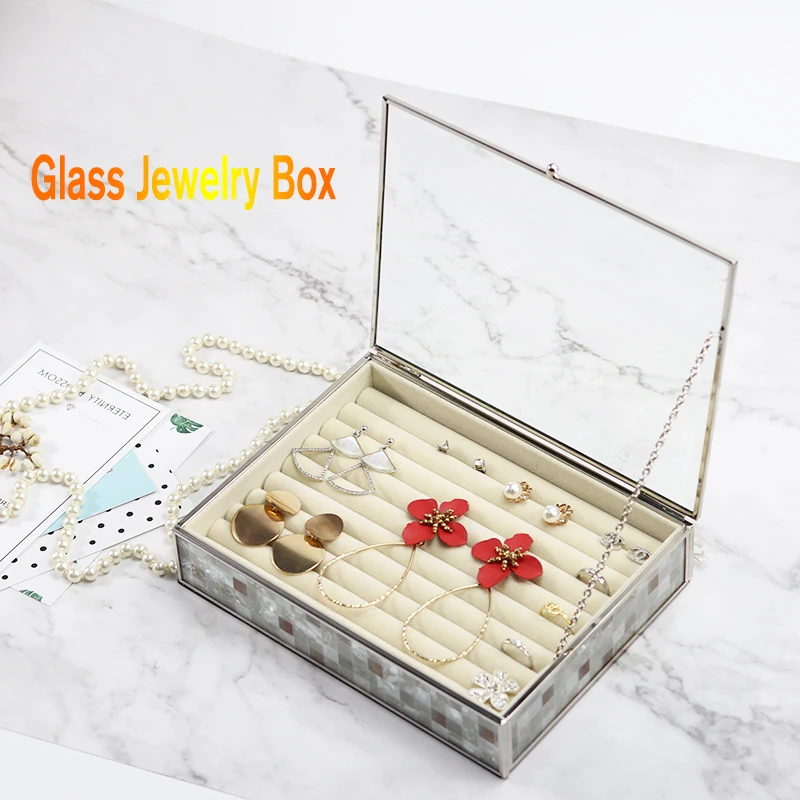 Pattern Glass Jewelry Box Velvet Tray Jewelry Case with Lid Vanity Vintage Metal Brass Jewellery Display Dust-Proof Organizer