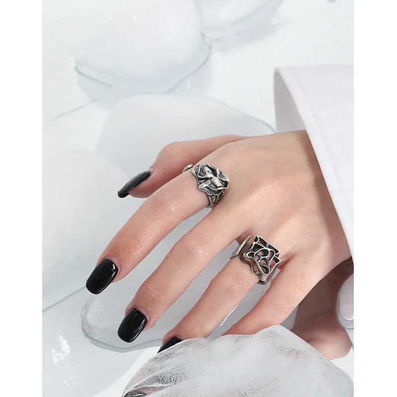INS vintage irregular textured concave and convex ring surface wrinkled and broken handmade adjustable open ring for women