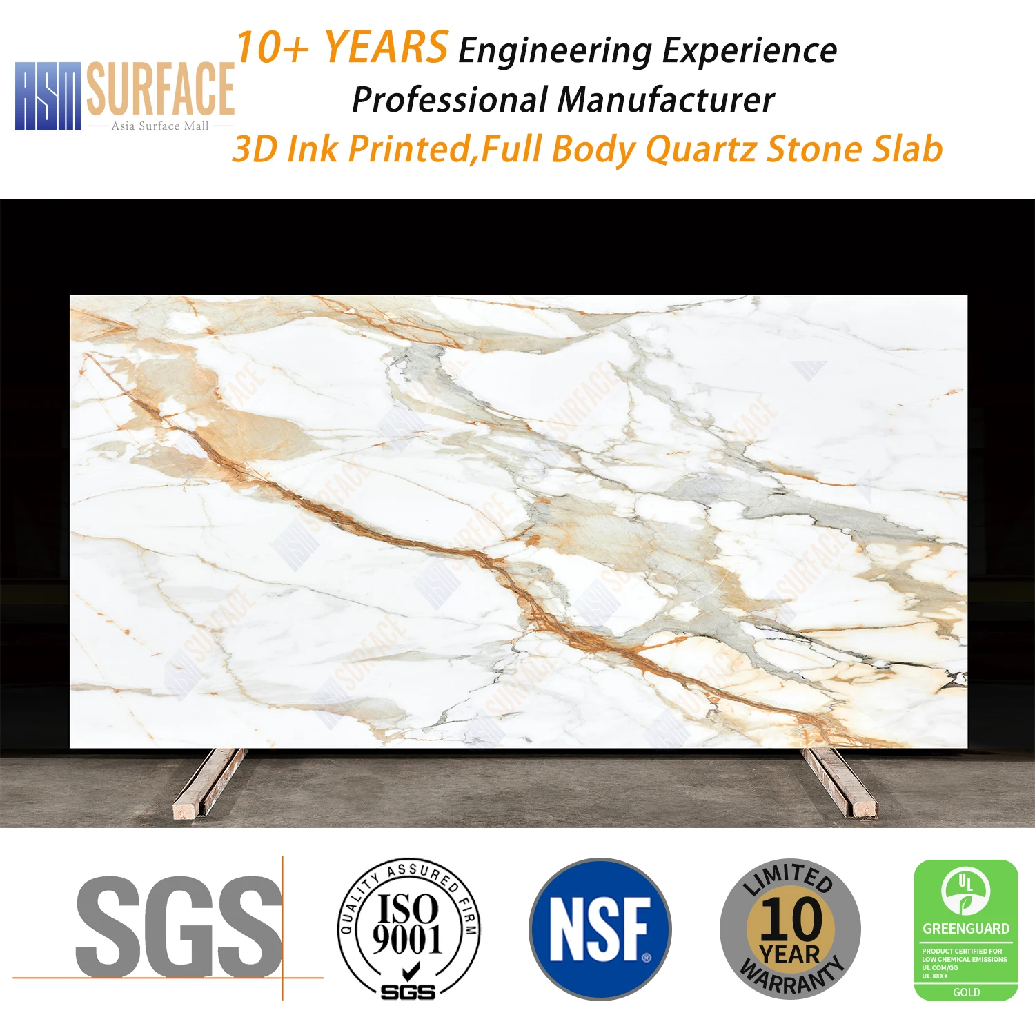3D Ink Printed Quartz Slab Manufacturers 20mm 30mm Polished Full Body Calacatta Gold