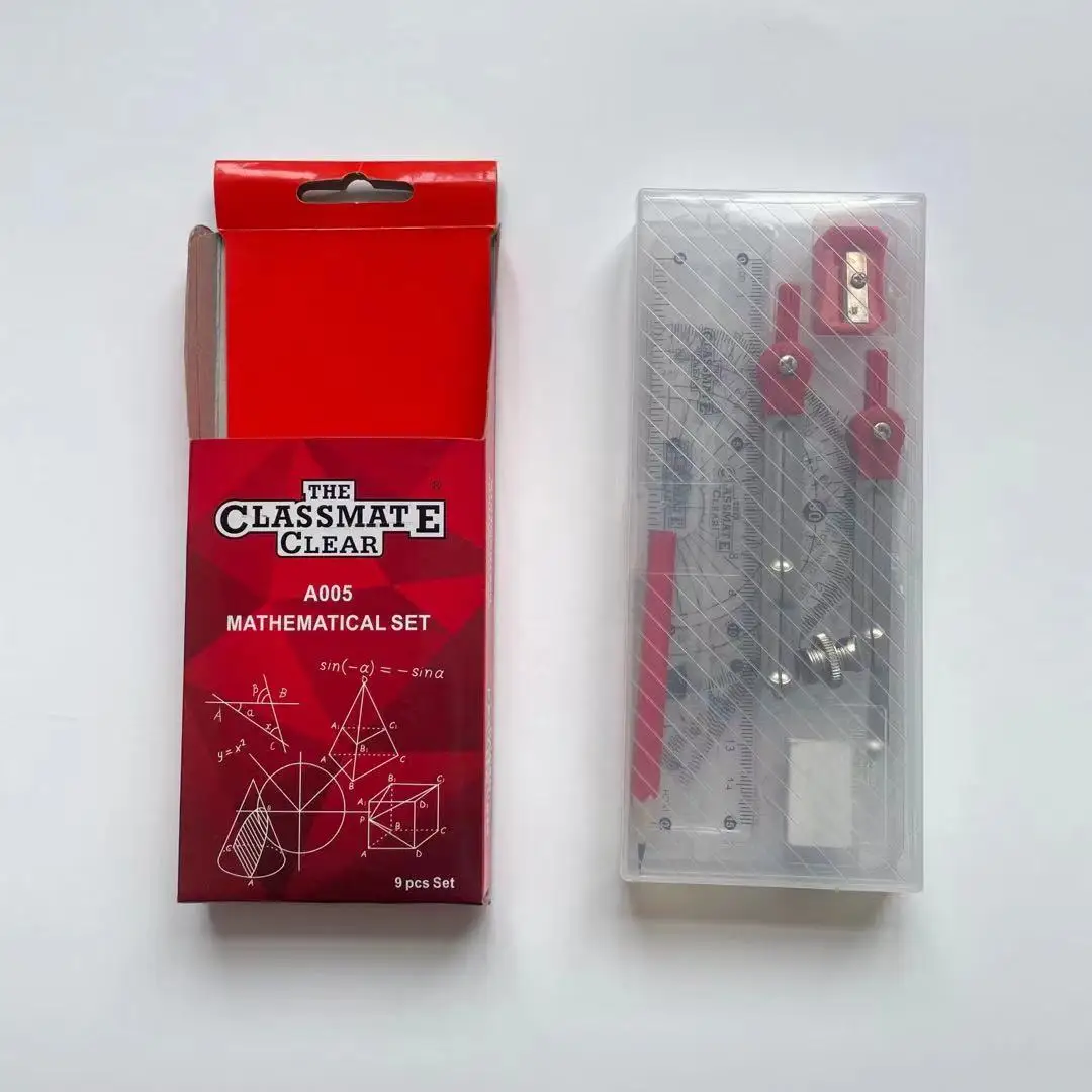 9PCS Math Geometry Plastic Box Clear Geometric Compass Set Plastic math set