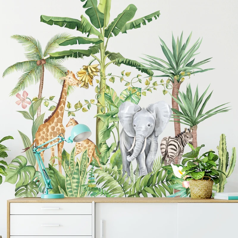 
Removable cartoon tropical rainforest wall green plants stickers giraffe elephant living room bedside background bedroom decals 
