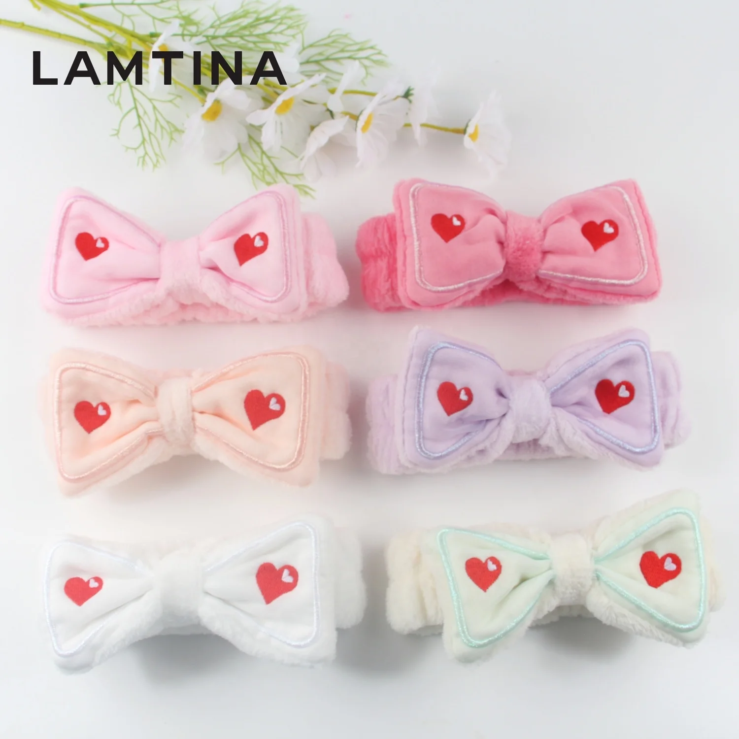 Wholesale Women Fashion Lovely Soft Carol Fleece Spa Heart Headband Bow Women Facial Makeup Cosmetic Shower Elastic Hair Band