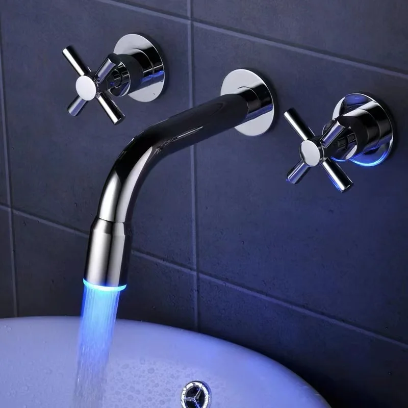 Bathroom Wall Mounted Mixer Tap 3 Colors Changing LED Basin Faucet