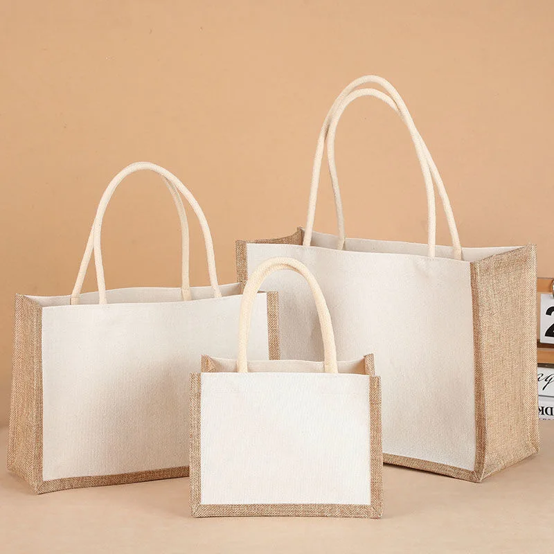 100% Flax Sublimation Natural Color Oversized Jute Linen Tote Bag