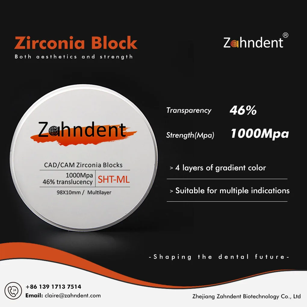 Zahndent 46% translucency sht multilayer zirconia block cad cam zirconia ceramic disc dental lab