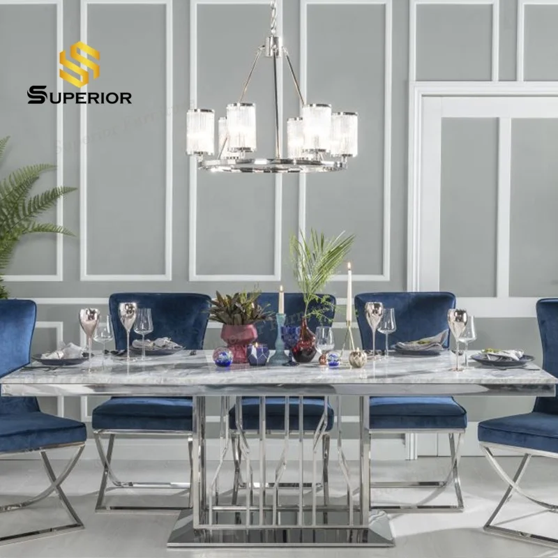 Modern rectangle pedestal steel base faux marble top dining table