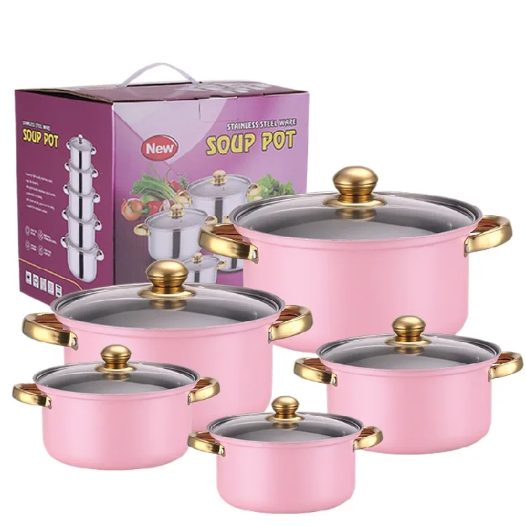 Wholesale 10Piece pink Stainless Steel Cookware Sets non-stick with Technology Wholesale Pan Pot Milk Pan Soup Pot in 16-24cm