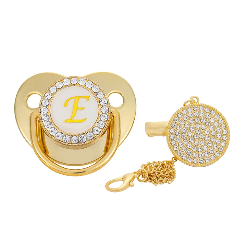 Custom High Quality 26 Letters Diamond Bling Gold  Bpa Free Food Grade Silicone Infant Nipple Pacifier