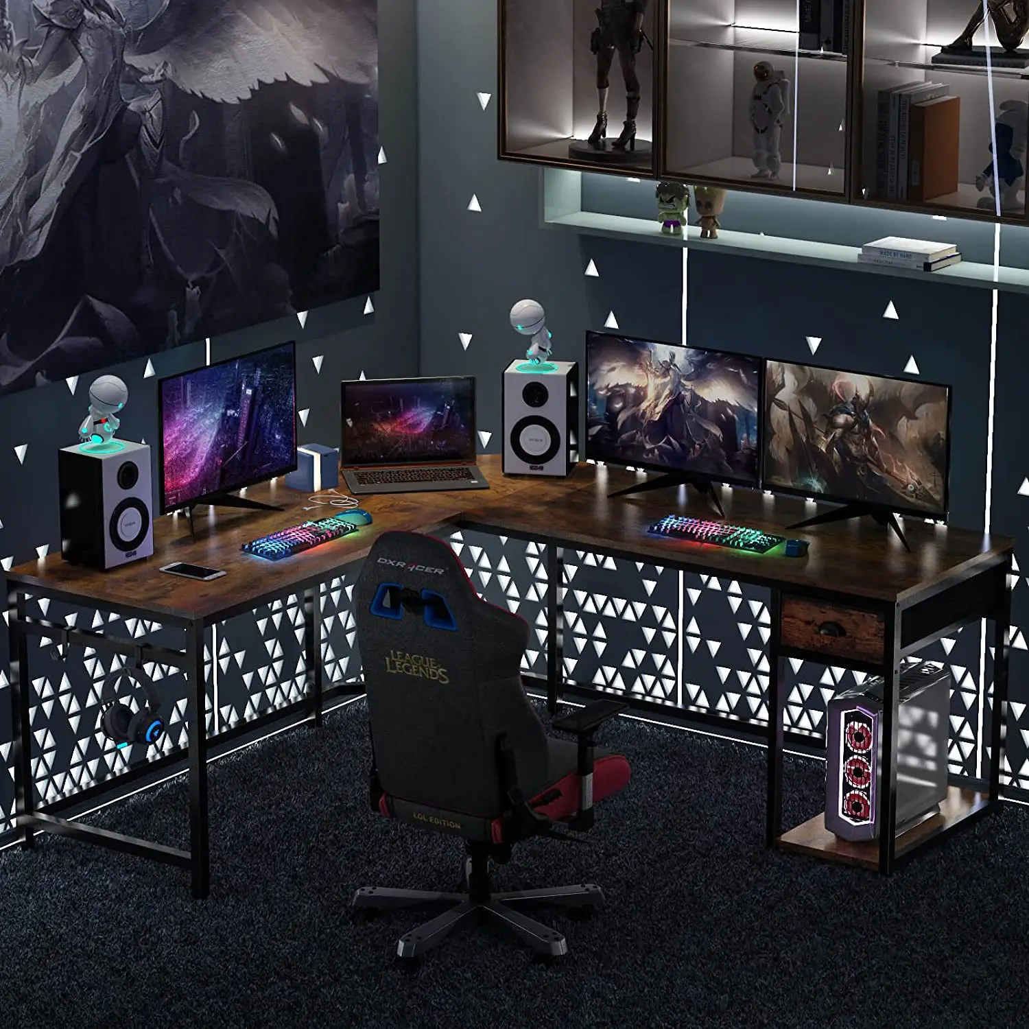 Wood Home Office Corner L Shape Metal Desktop Computer Desk with Bookshelf