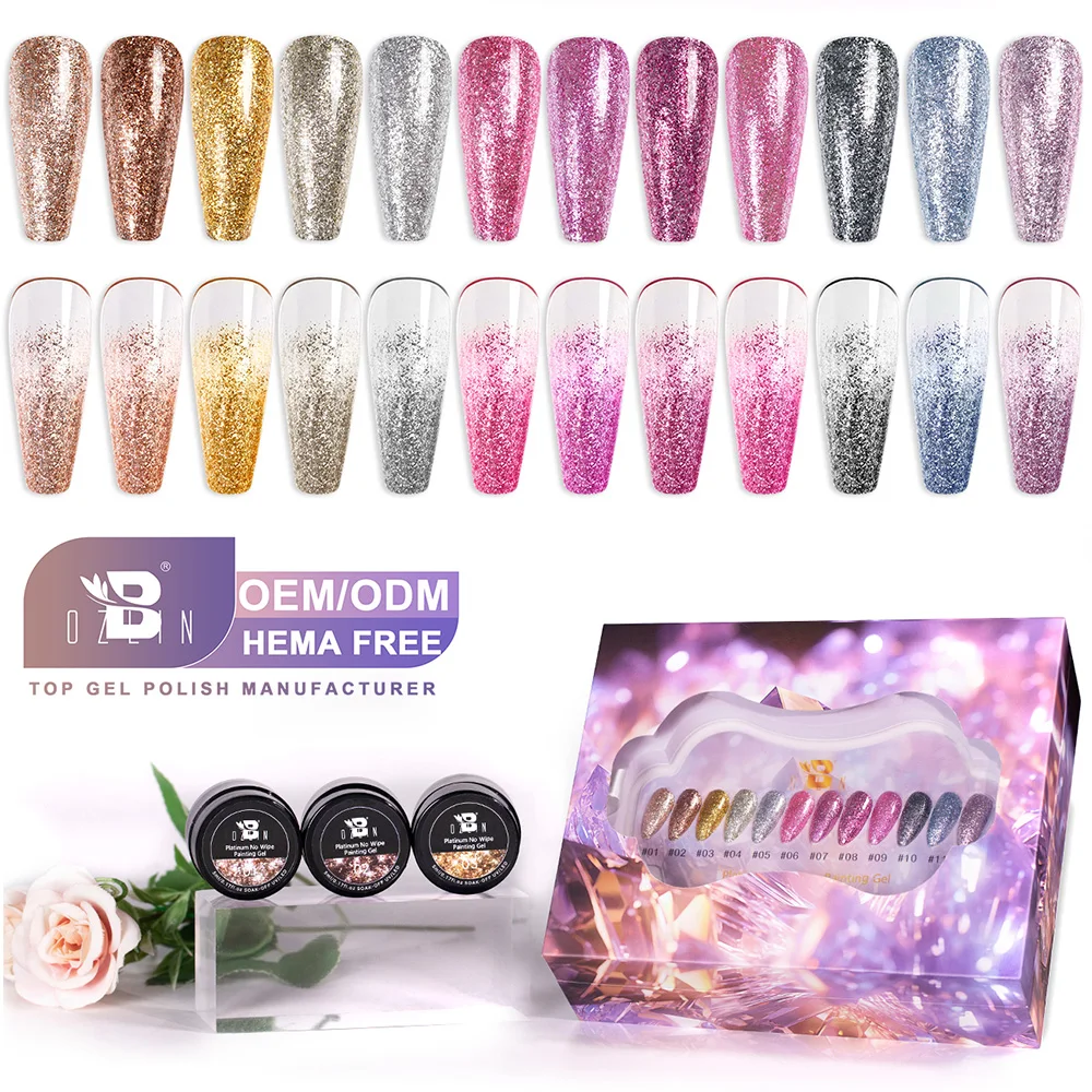 Factory Free Sample 12 Colors Platinum Series No Wipe Glitter Metallic Nail Painting Gel Soak Off Led UV Paint Gel Nail Polish