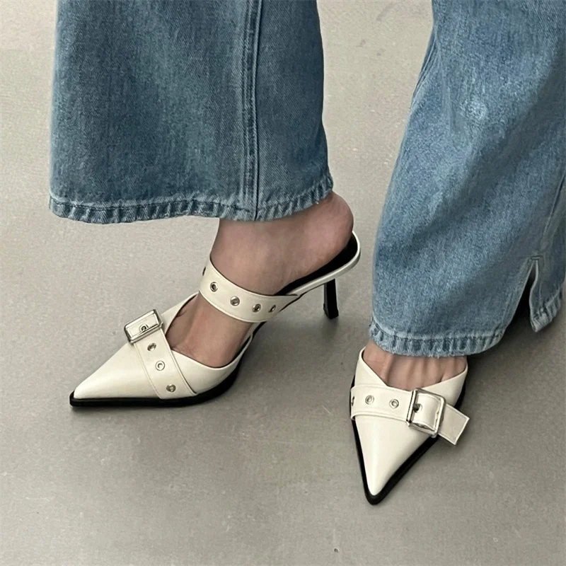 IDOIT New Fashion Metal Buckle Slingback Sandals Women Flats Pointed Toe High Heel Shoes for Women Buckle Strap Slippers