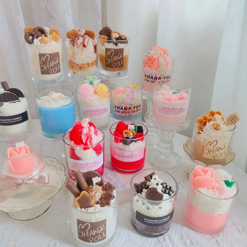 Handmade DIY Soy Wax Simulated Ice Cream Chocolate Glass Aromatherapy Candle Cute Strawberry Fruit Food Dessert Scented Candles