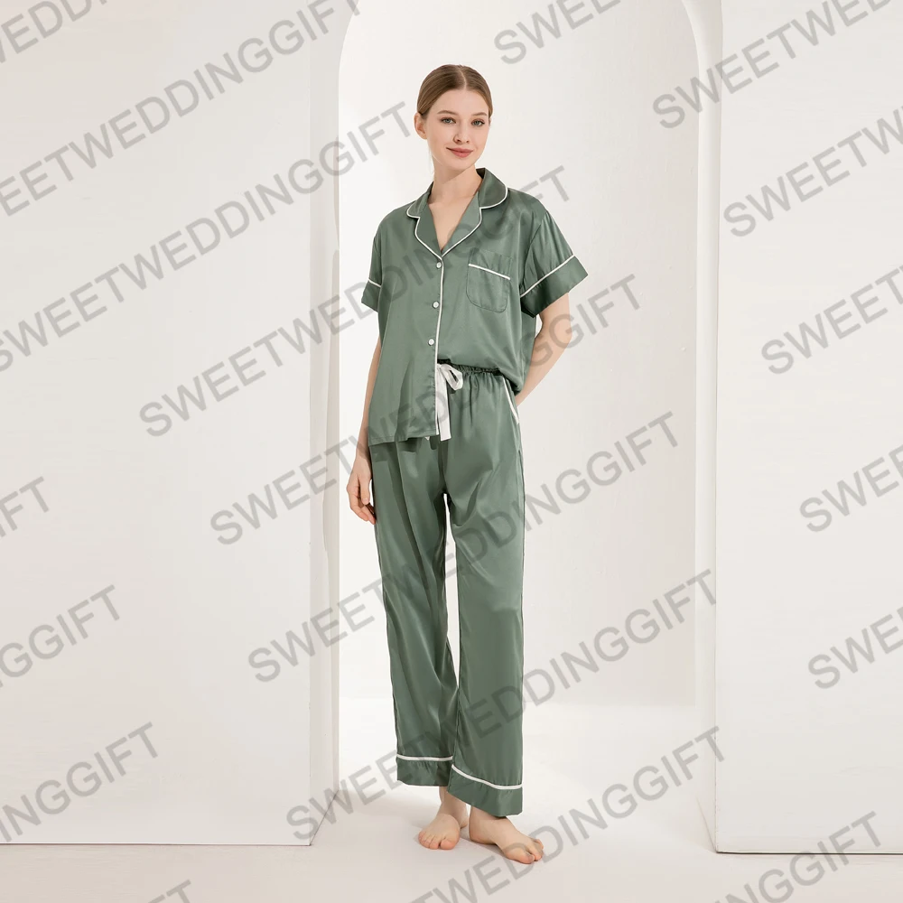 928 Satin Pajama Set For Women Two Piece Set Clothing  Ladies short sleeve Long Pant
