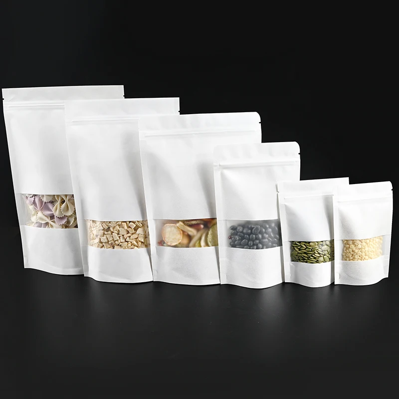 Stock doypack bags kraft paper standup pouch spice nuts packaging ziplock bags with window
