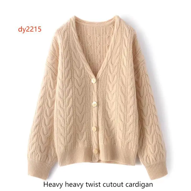 Women cardigan with thick twist V Neck sweater wool long sleeves