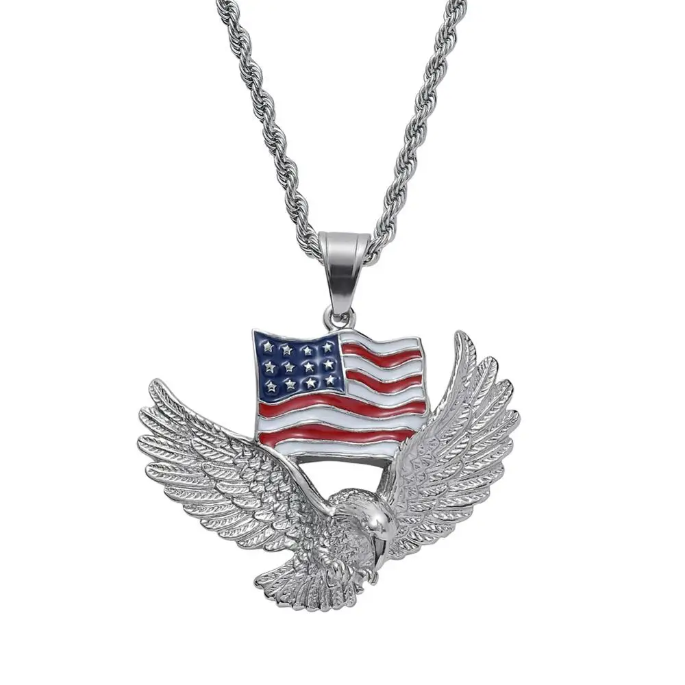 
Hiphop Golden Stainless Steel USA Flag Patriotic American Flag Eagle Pendant Necklace with 3MM Twist Rope Chain 24inches 