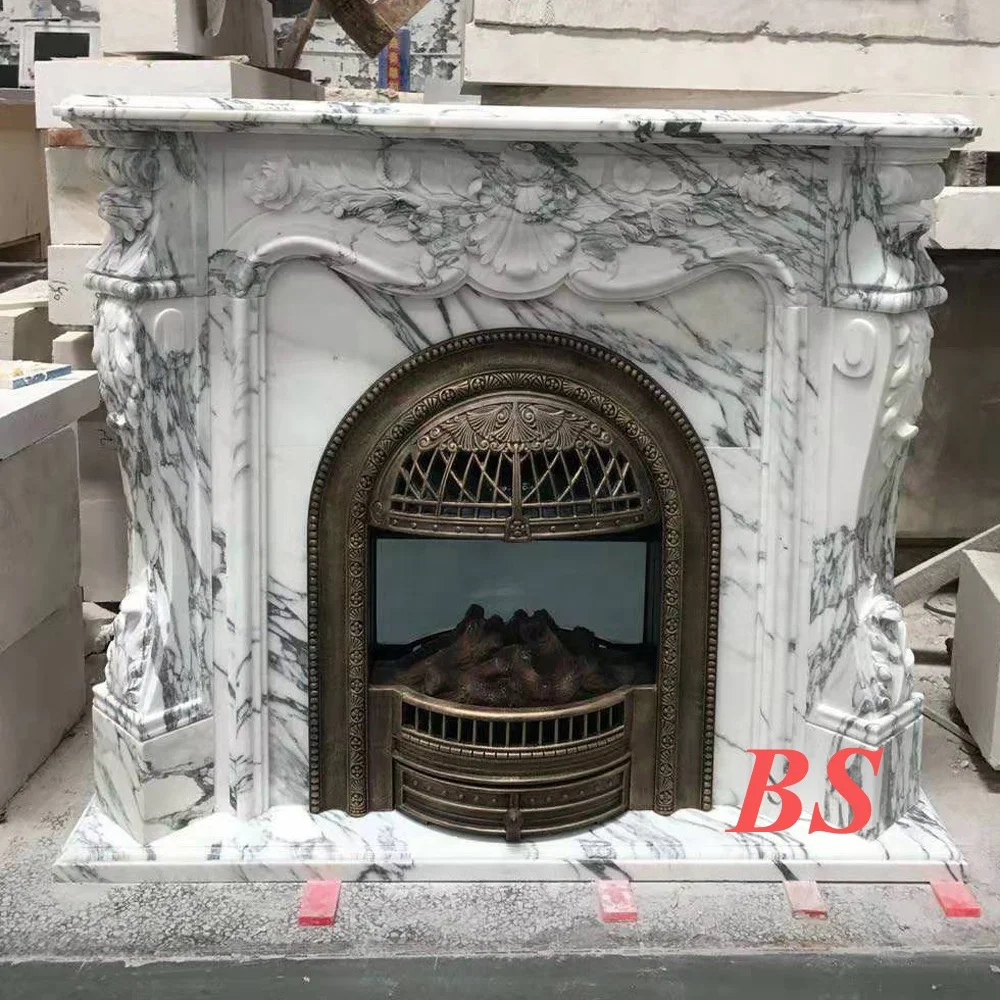 Customized Victorian White Carrara Marble Fireplace Mental with Flower Carving Home Decoration Sculpture