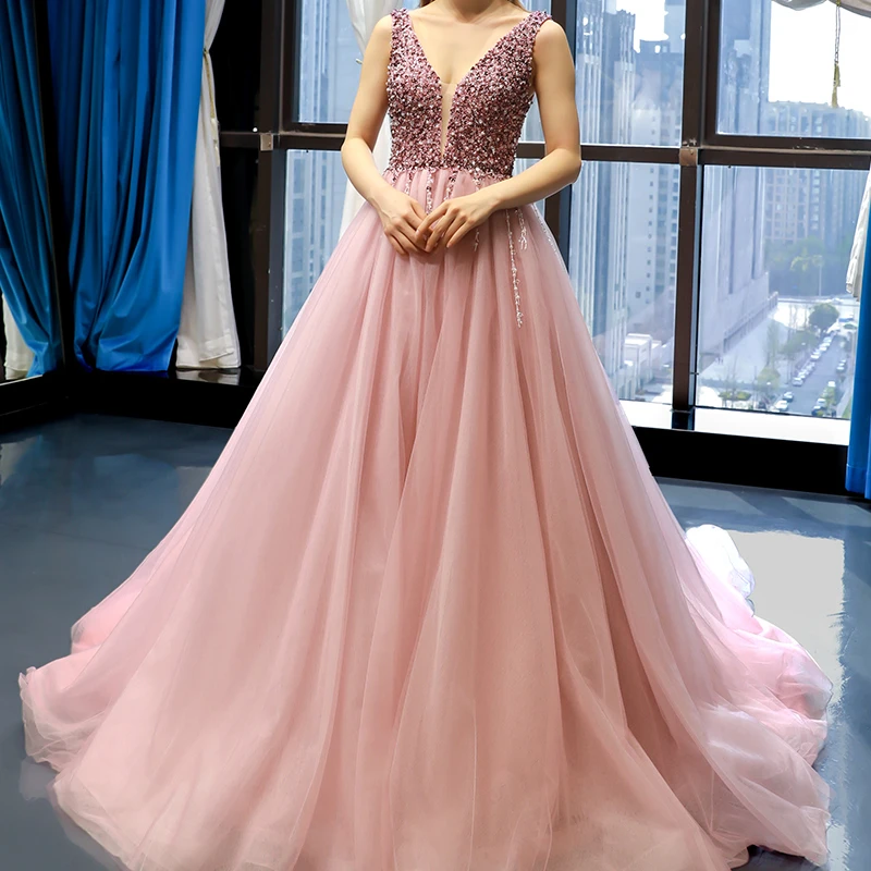 Custom made evening dress Hand-embellished pink pompous skirt with deep V-neck  top corset puffy skirt Wedding dresses