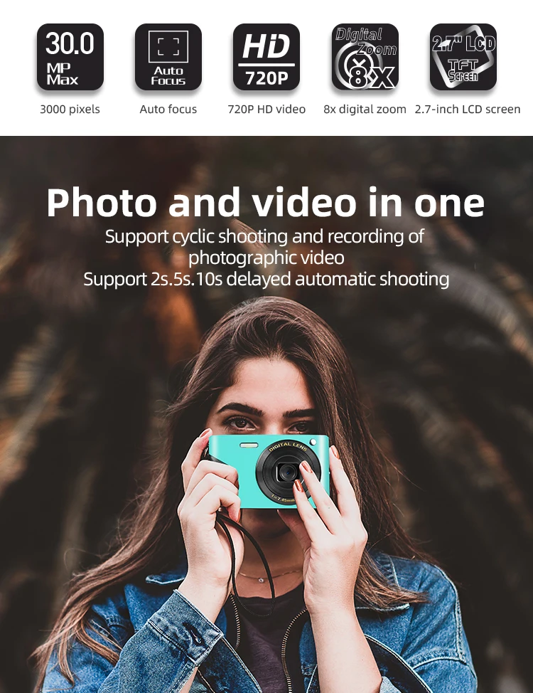 2.7 Inch Rechargeable 30MP Compact Cameras for Teens FHD Children Video Camera Digital Students Cameras