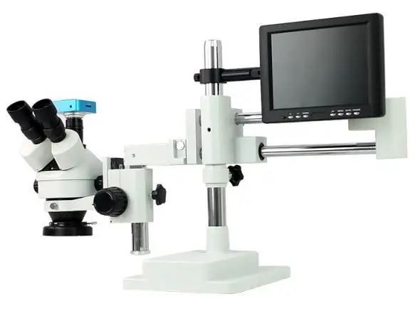 48MP Camera Trinocular Stereo 7-45X Double Boom Bracket Base Microscope Used In Machine Shop For Machining Work