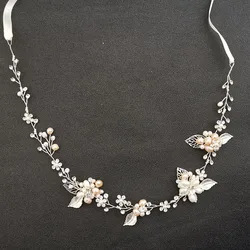 SLBRIDAL Handmade Wired Crystal Rhinestones Freshwater Pearls Wedding Hair Vine Bridal Headband Bridesmaids Women Jewelry