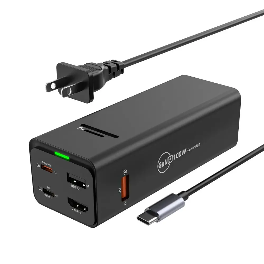 Laptop Travel Charger 1.83m Extension Cord 100W GaN Desktop Charger with 4K@60Hz USB3.1 USB2.0 SD/TF for MacBook Lenovo ASUS HP