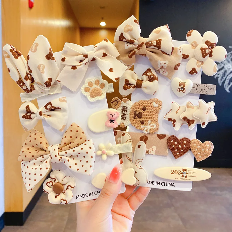 1PSET Cartoon Brown Bear Girls Hair Accessories Set Children Kid Sweet Barrettes Fashion Headbands Hair Clips For Baby Headdress