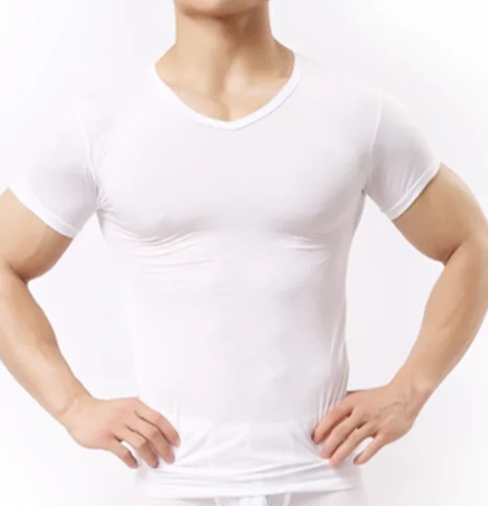 Мужская Просвечивающая футболка из вискозы, бесшовная дышащая рубашка с короткими рукавами и V-образным вырезом, нижнее белье для мужчин