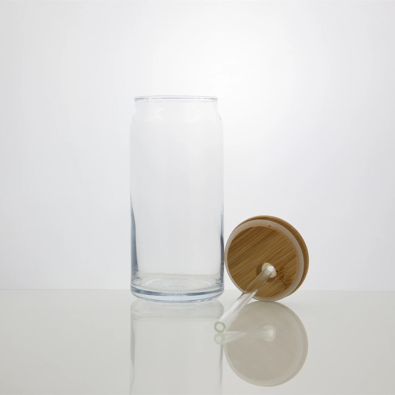 wholesale custom beer can shaped drinking glass coke glass cup with straw bamboo lid