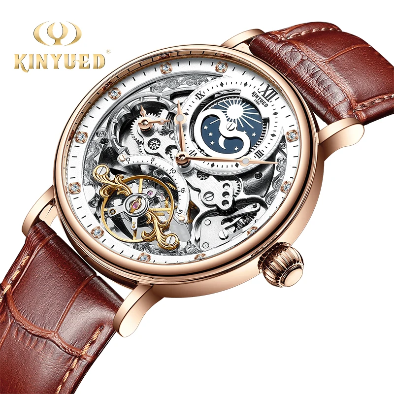 KINYUED Skeleton Watches Mechanical Automatic Watch Men Sport Clock Casual Business Moon Wrist Watch J055