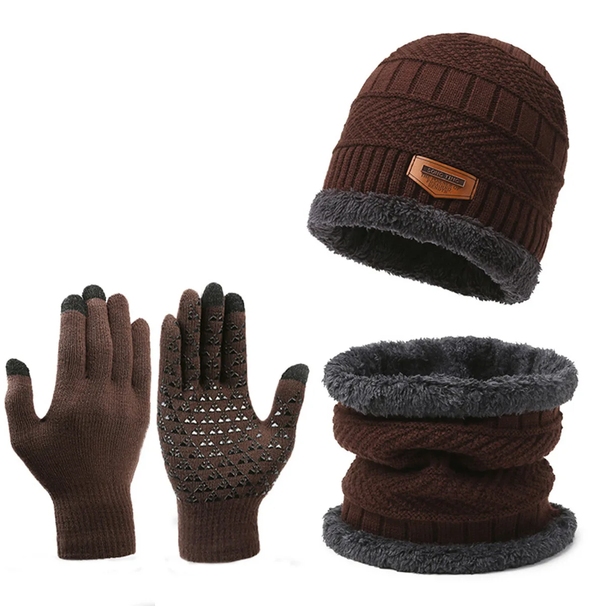 Soft Thicken Wool Ski Hat Men Neck Warm Winter Wool Hat Set Men Beanie Knitted Gloves Scarf Set